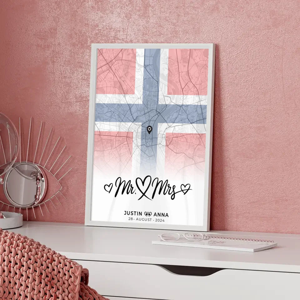 Personalisiertes Stadtkartenposter für Paare Urlaub Norwegen Mr & Mrs