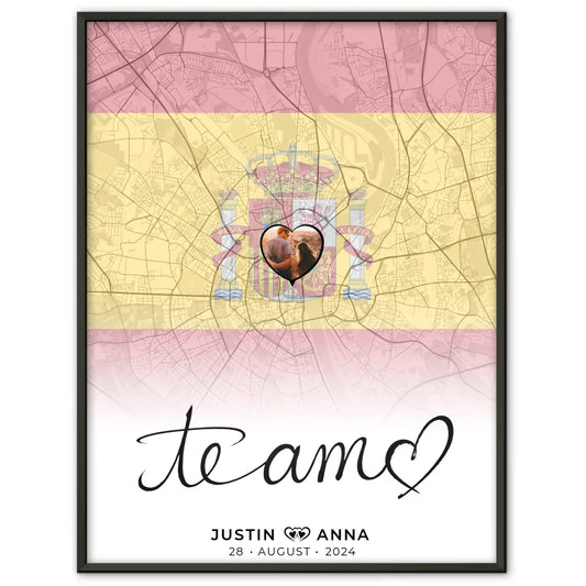 Personalisiertes Foto Poster für Paare mit Stadtkarte Spanien Te Amo