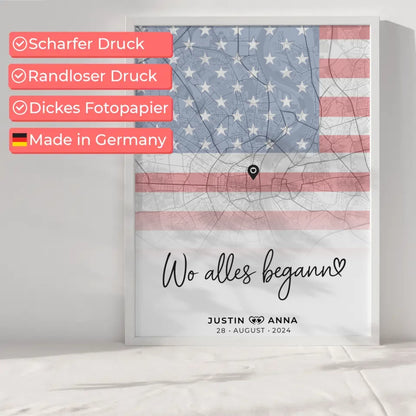 Personalisiertes Stadtkartenposter für Paare Urlaub USA Wo Alles Begann