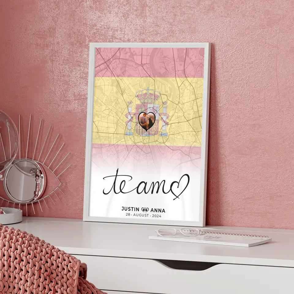 Personalisiertes Foto Poster für Paare mit Stadtkarte Spanien Te Amo