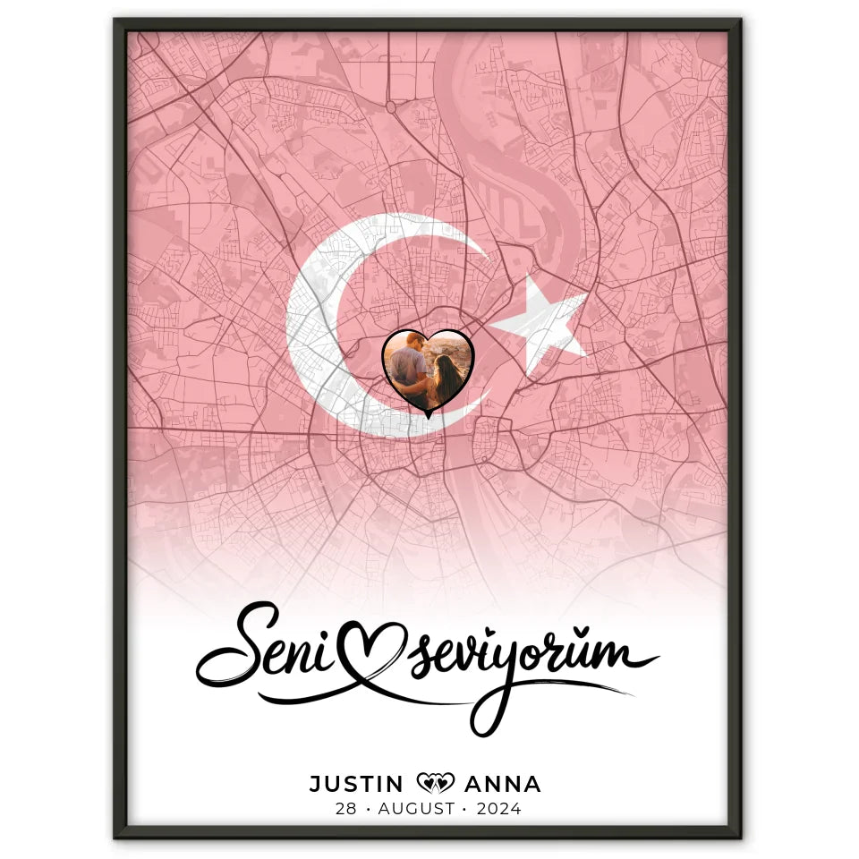 Personalisiertes Foto Poster für Paare Stadtkarte Türkei Seni Seviyorum