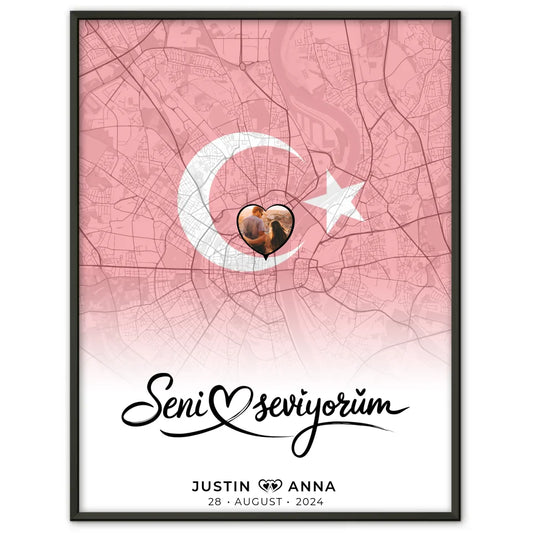 Personalisiertes Foto Poster für Paare Stadtkarte Türkei Seni Seviyorum