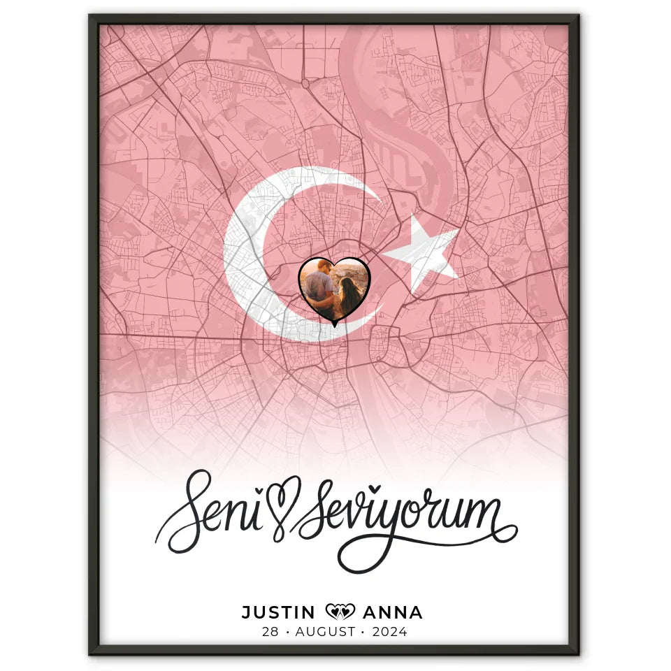 Liebes Poster für Paare Stadtkarte Türkei Seni Seviyorum