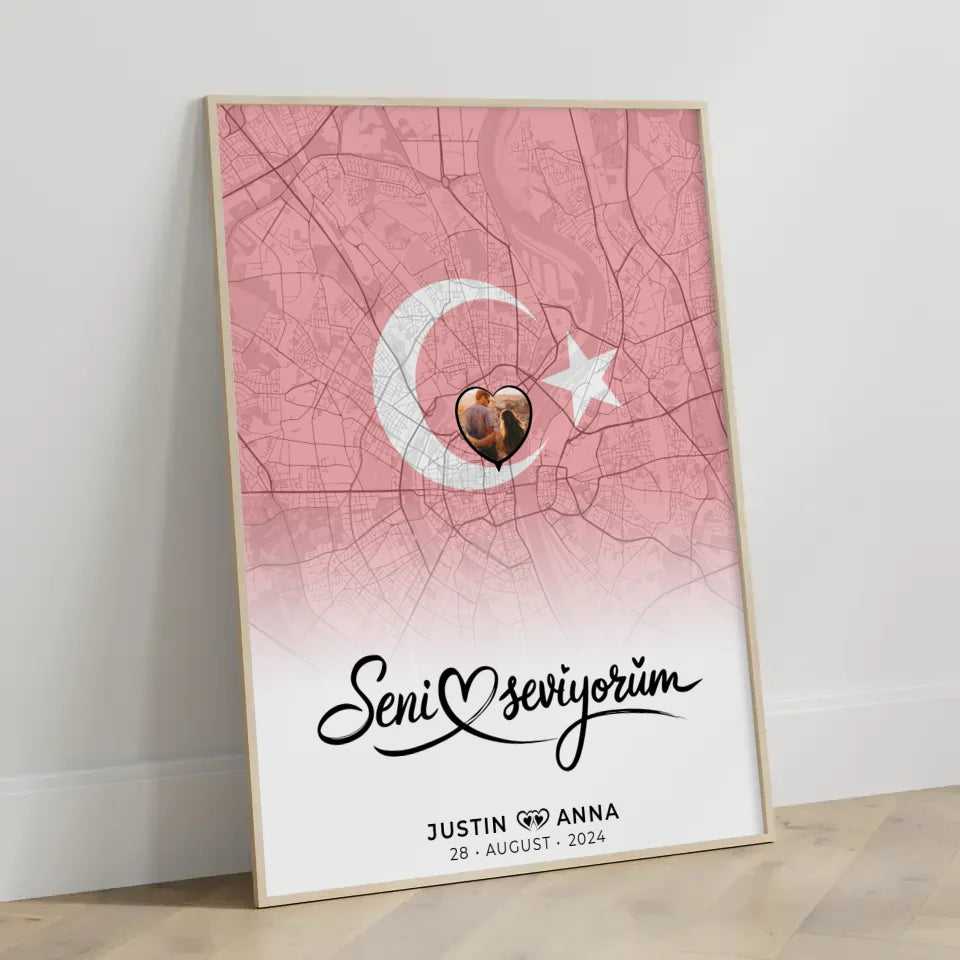 Personalisiertes Foto Poster für Paare Stadtkarte Türkei Seni Seviyorum