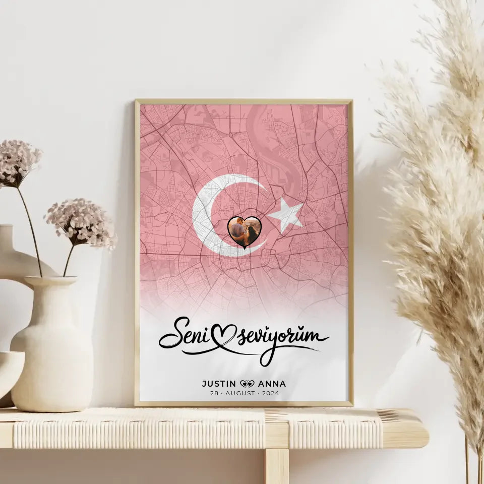 Personalisiertes Foto Poster für Paare Stadtkarte Türkei Seni Seviyorum