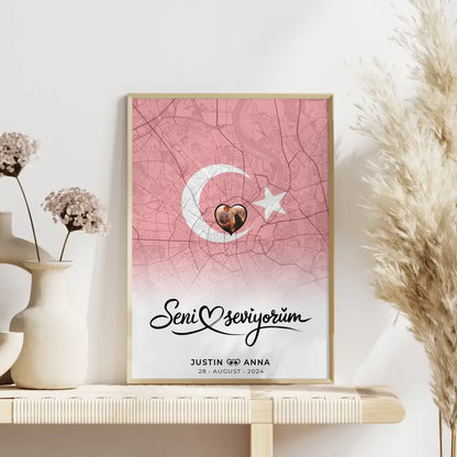 Personalisiertes Foto Poster für Paare Stadtkarte Türkei Seni Seviyorum