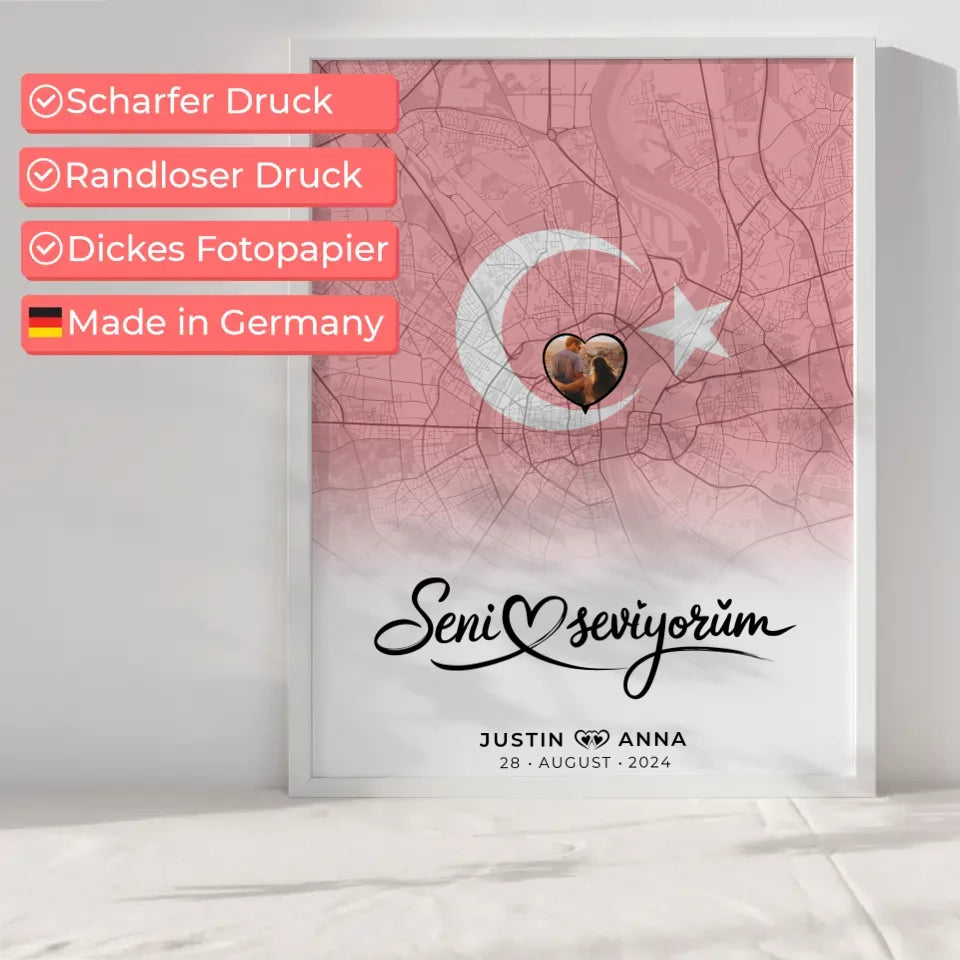 Personalisiertes Foto Poster für Paare Stadtkarte Türkei Seni Seviyorum