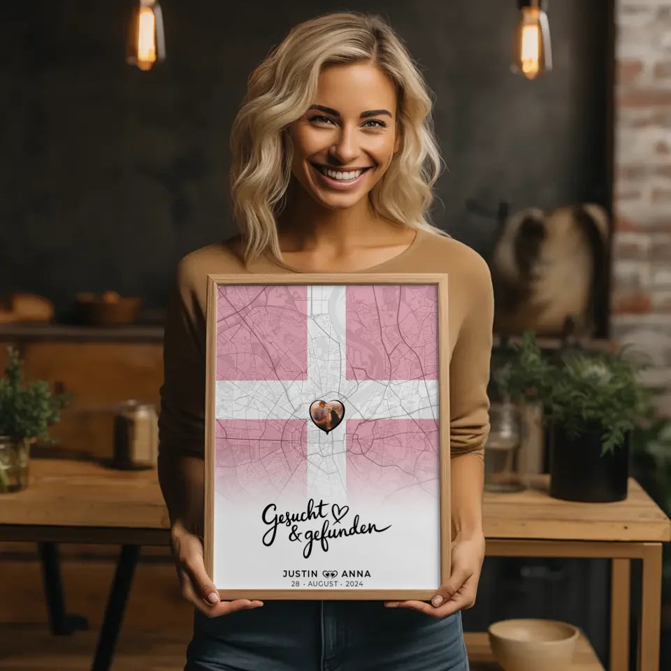 Personalisiertes Foto Poster für Paare mit Stadtkarte Dänemark gesucht gefunden