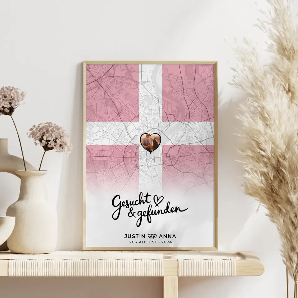 Personalisiertes Foto Poster für Paare mit Stadtkarte Dänemark gesucht gefunden
