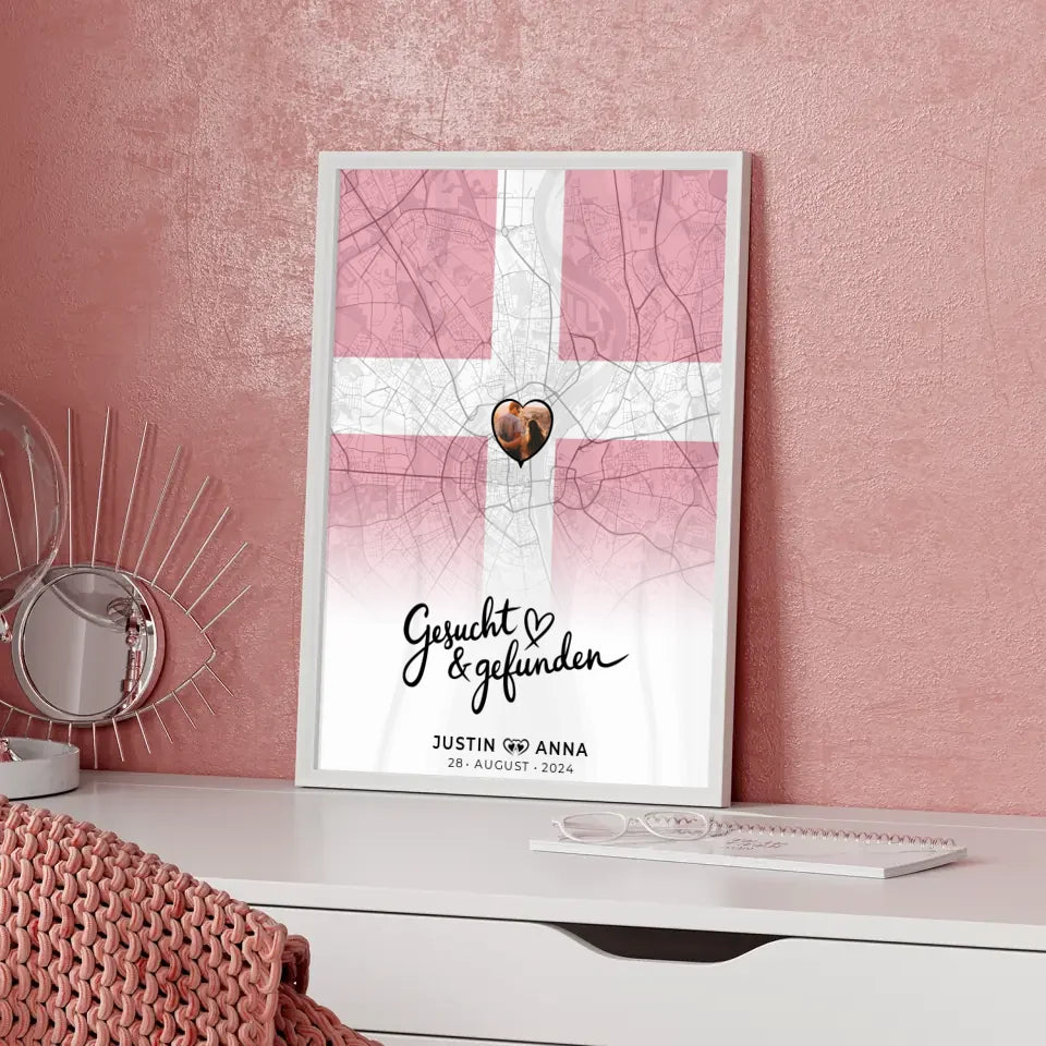 Personalisiertes Foto Poster für Paare mit Stadtkarte Dänemark gesucht gefunden