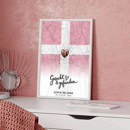 Personalisiertes Foto Poster für Paare mit Stadtkarte Dänemark gesucht gefunden