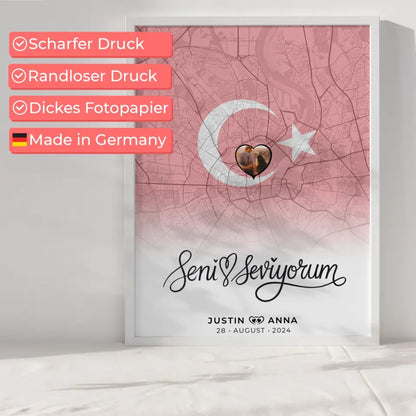 Liebes Poster für Paare Stadtkarte Türkei Seni Seviyorum