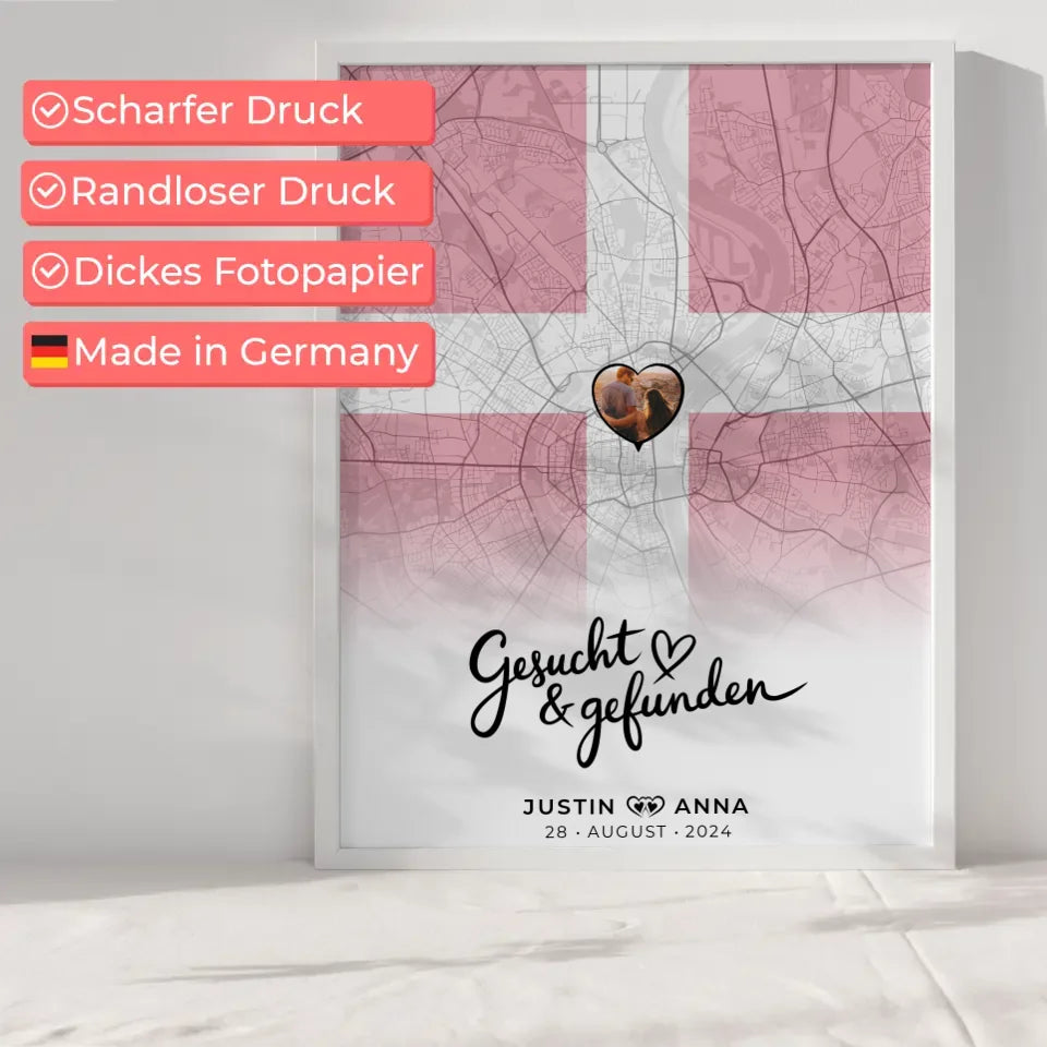 Personalisiertes Foto Poster für Paare mit Stadtkarte Dänemark gesucht gefunden