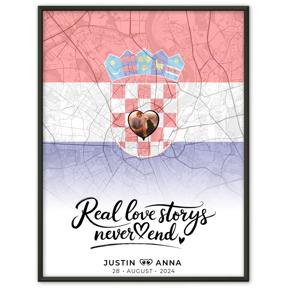 Personalisiertes Fotoposter Paare Stadtkarte Kroatien Real Love Storys