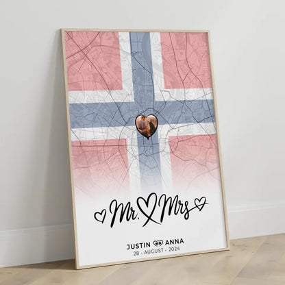 Personalisiertes Foto Poster Paare Stadtkarte Norwegen Mr & Mrs
