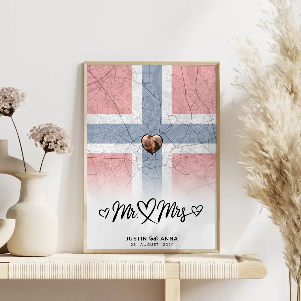 Personalisiertes Foto Poster Paare Stadtkarte Norwegen Mr & Mrs