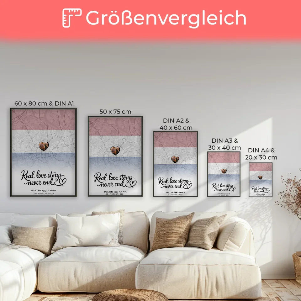 Personalisiertes Foto Poster für Paare Stadtkarte Niederlande Real Love Storys