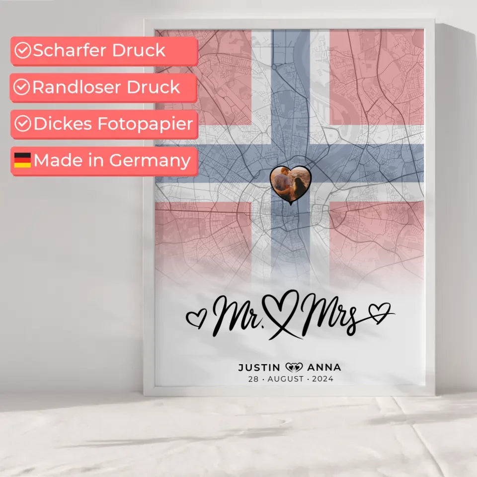 Personalisiertes Foto Poster Paare Stadtkarte Norwegen Mr & Mrs