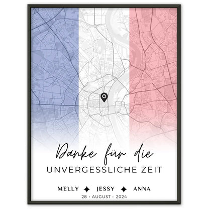 Poster für Freundinnen Stadtkarte Urlaub Frankreich Danke