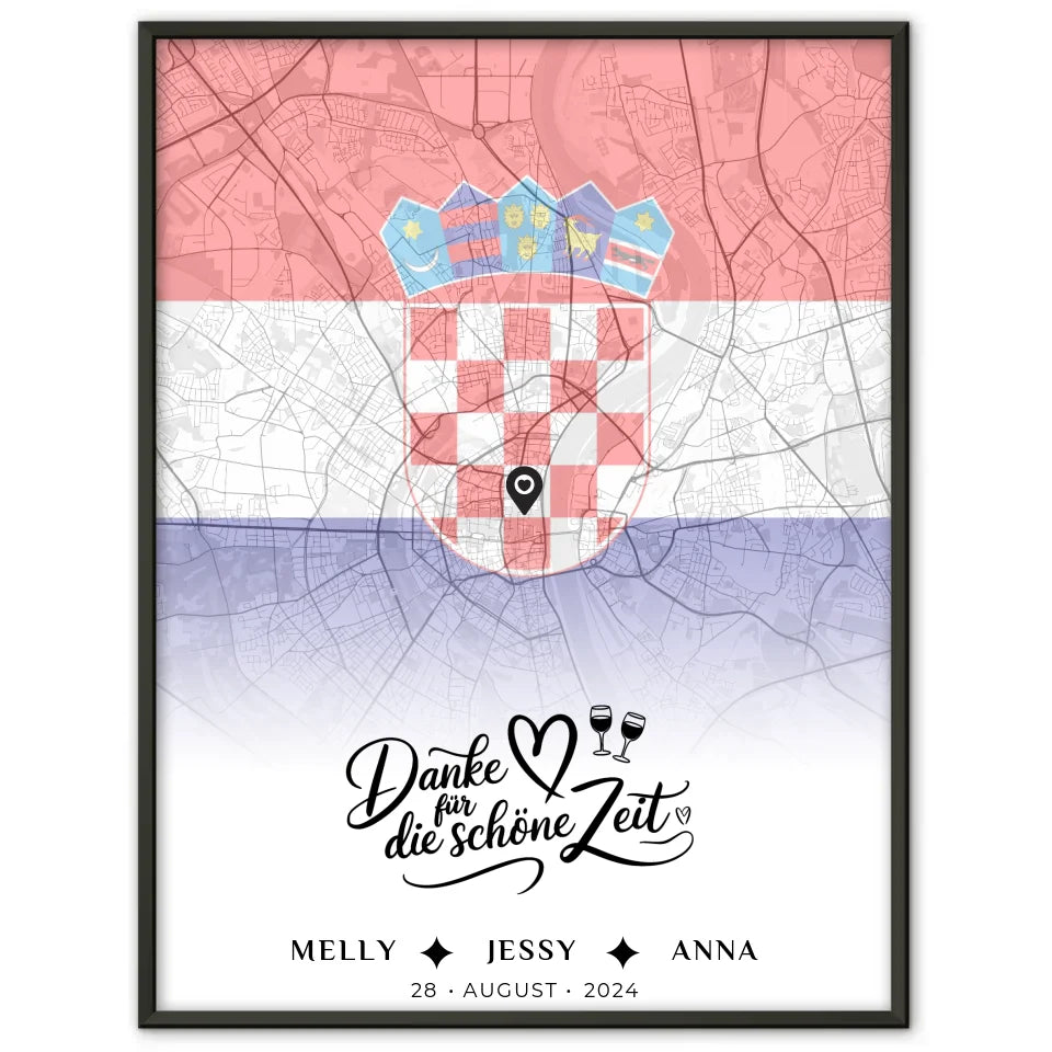 Personalisiertes Poster für Schwester Stadtkarte Kroatien Danke für die schöne Zeit