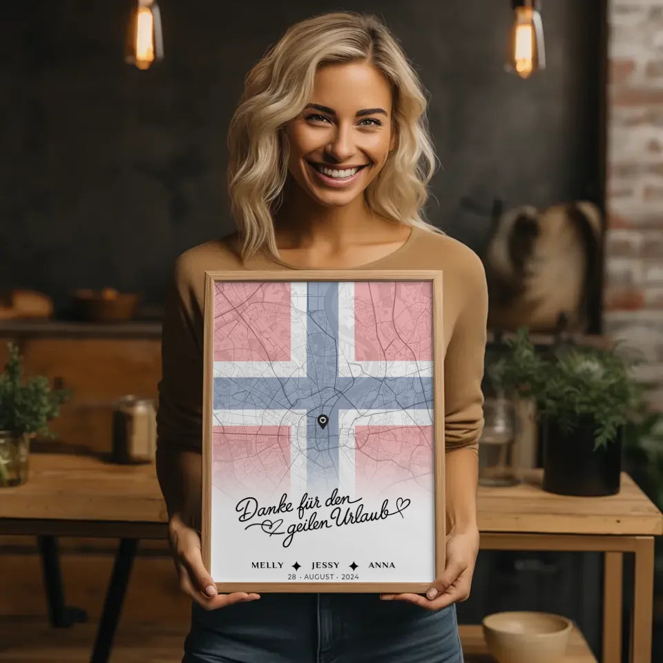 Personalisiertes Poster für Schwester mit Stadtkarte Norwegen Danke für den Urlaub