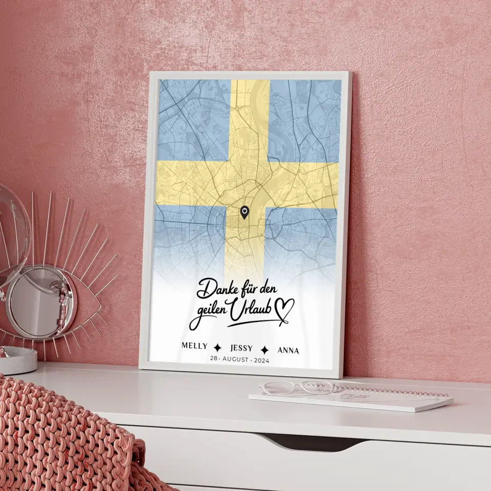 Personalisiertes Poster für Freundinnen Stadtkarte Schweden Danke für den Urlaub