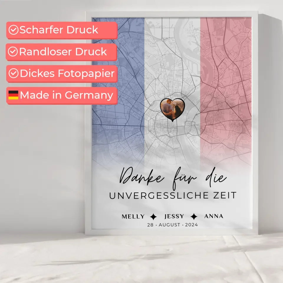 Personalisiertes Poster für Freundinnen Stadtkarte Foto Frankreich Danke für die Unvergessliche Zeit