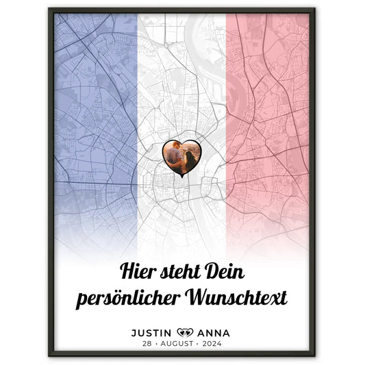 Personalisiertes Poster für Paare Stadtkarte Frankreich mit Foto und Wunschtext