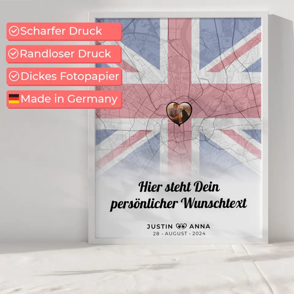 Personalisiertes Poster für Paare Stadtkarte England mit eigenem Wunschtext