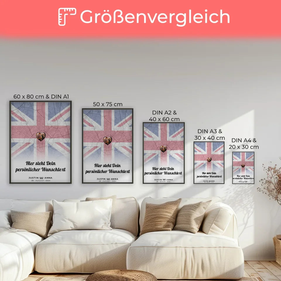 Personalisiertes Poster für Paare Stadtkarte England mit eigenem Wunschtext