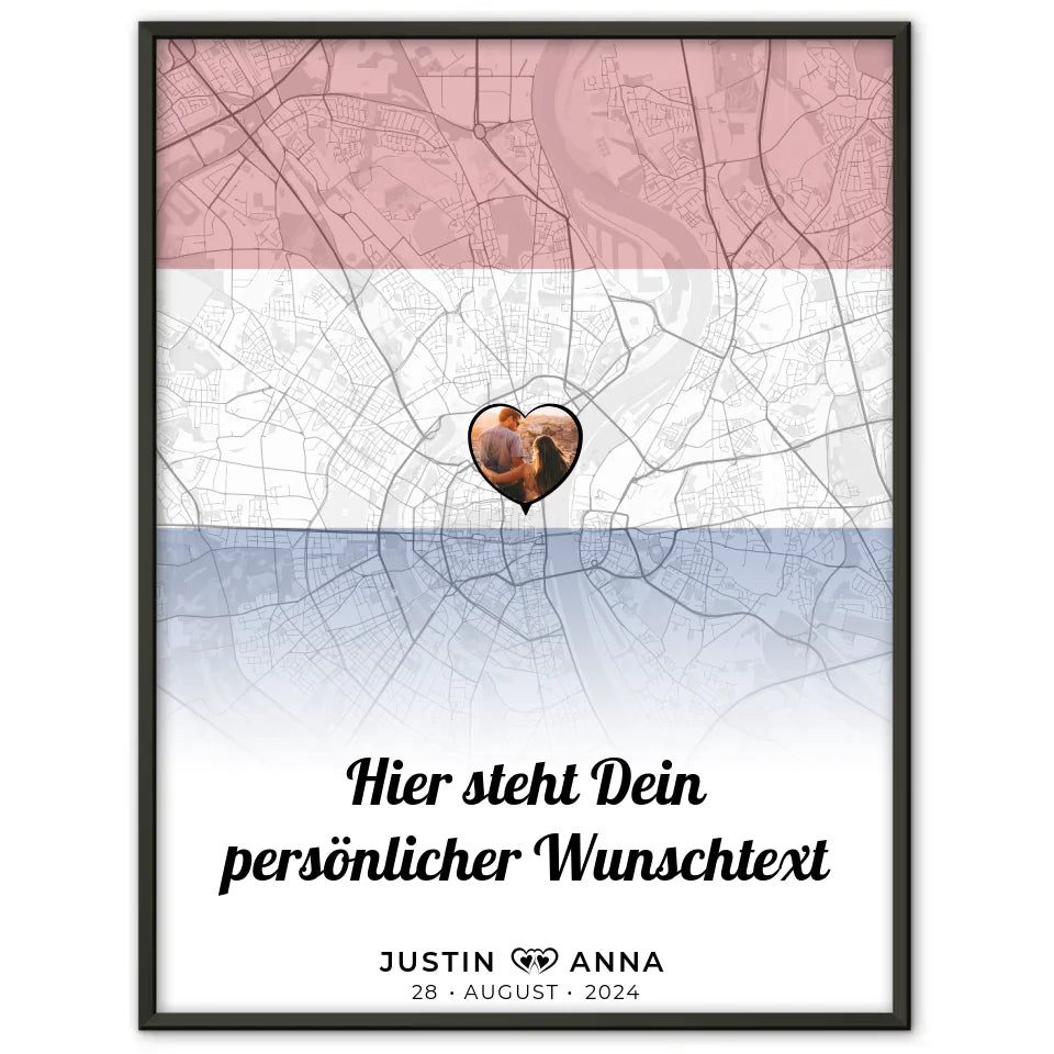 Personalisiertes Poster für Paare Stadtkarte Niederlande mit Foto und Wunschtext