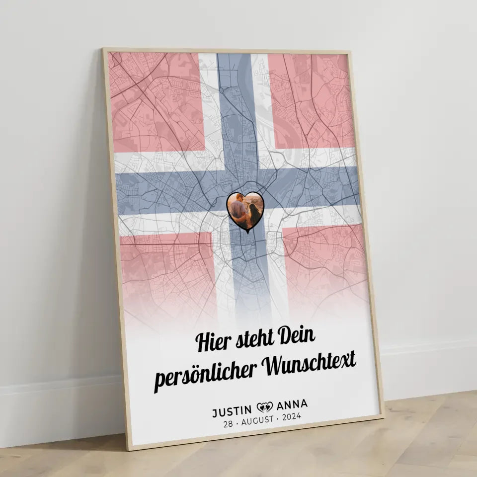 Personalisiertes Poster für Paare Stadtkarte Norwegen mit Foto und Wunschtext