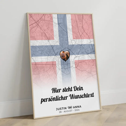 Personalisiertes Poster für Paare Stadtkarte Norwegen mit Foto und Wunschtext