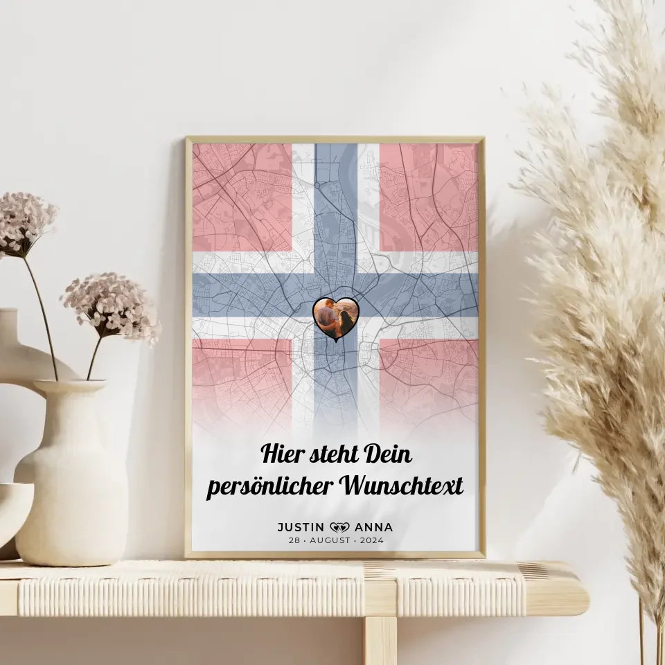 Personalisiertes Poster für Paare Stadtkarte Norwegen mit Foto und Wunschtext