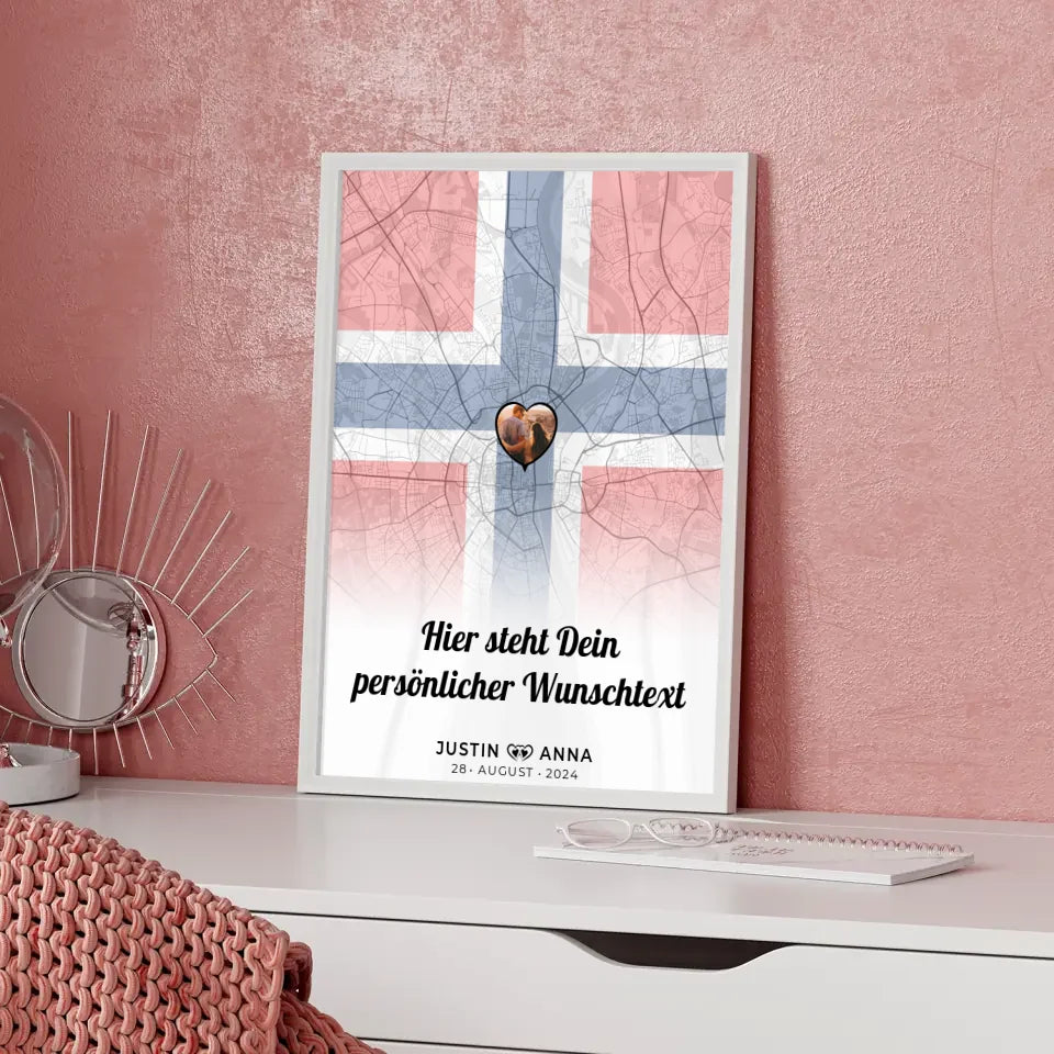 Personalisiertes Poster für Paare Stadtkarte Norwegen mit Foto und Wunschtext