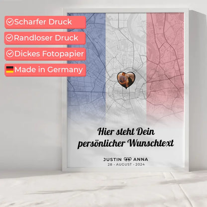 Personalisiertes Poster für Paare Stadtkarte Frankreich mit Foto und Wunschtext