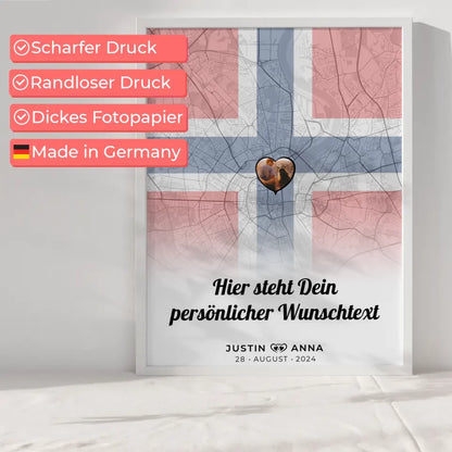 Personalisiertes Poster für Paare Stadtkarte Norwegen mit Foto und Wunschtext