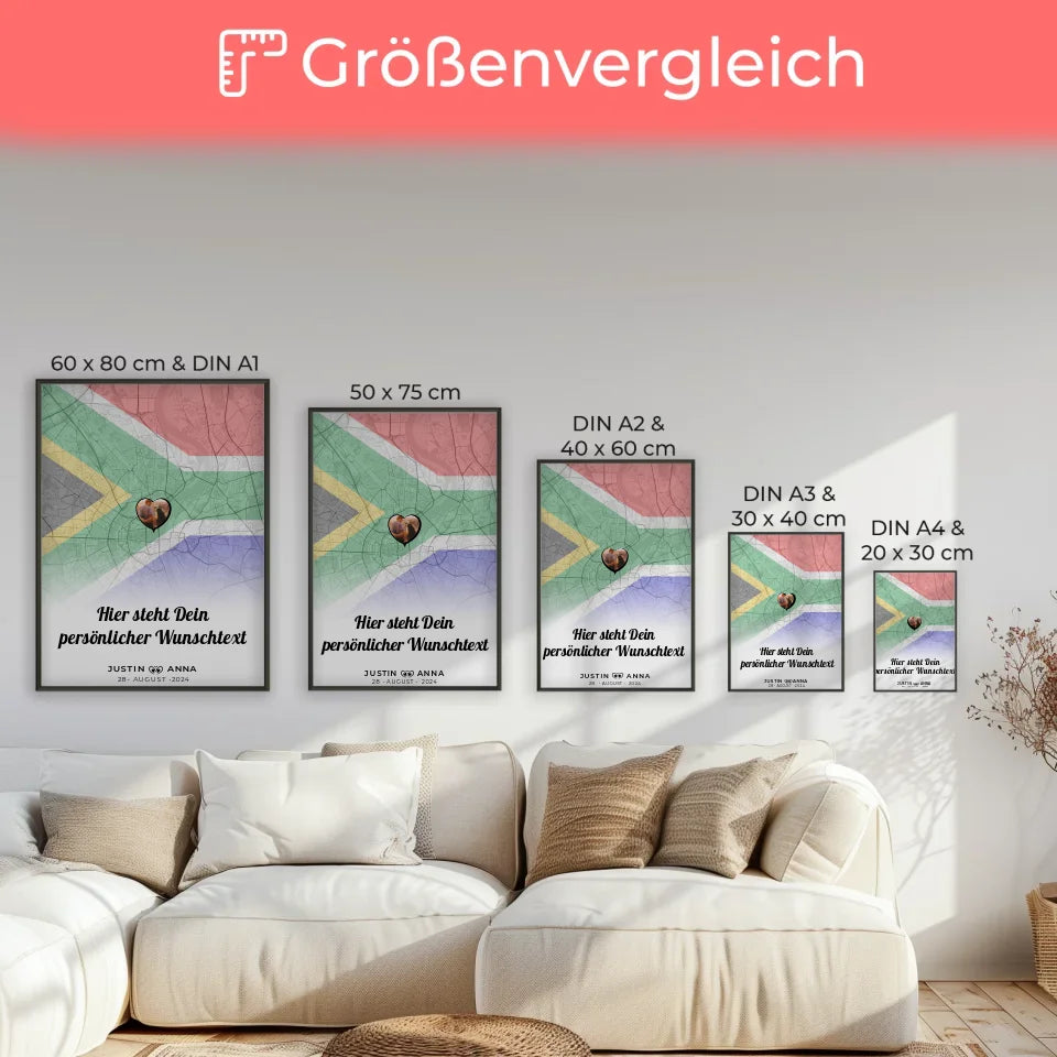 Personalisiertes Poster für Paare Stadtkarte Südafrika mit eigenem Wunschtext