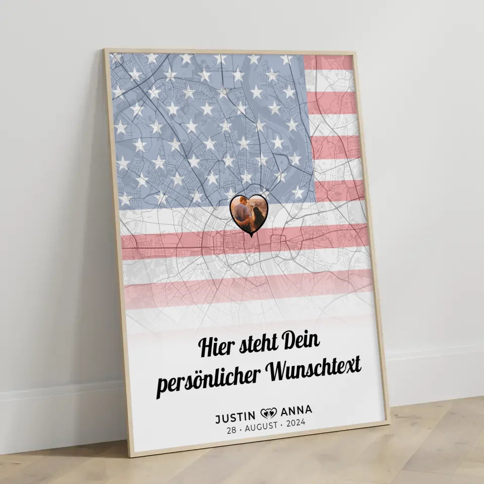 Personalisiertes Poster Stadtkarte USA für Paare mit eigenem Wunschtext