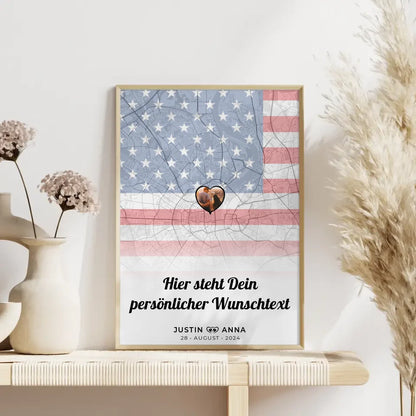 Personalisiertes Poster Stadtkarte USA für Paare mit eigenem Wunschtext