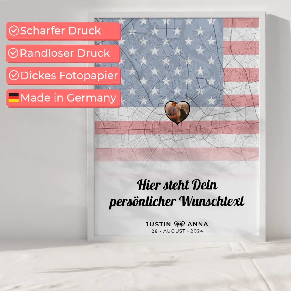 Personalisiertes Poster Stadtkarte USA für Paare mit eigenem Wunschtext