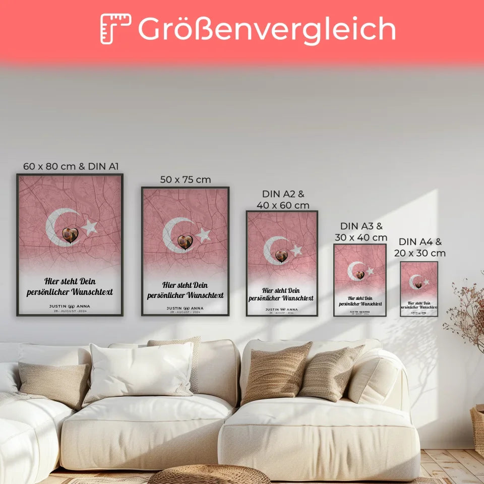 Personalisiertes Poster für Paare mit Stadtkarte und Foto aus der Türkei