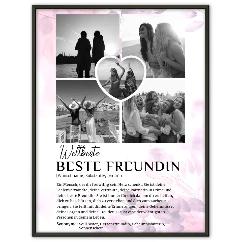 Personalisiertes Poster Definition Beste Freundin 5 Fotos Schwarz Weiß mit Name Pink Rosa Floral