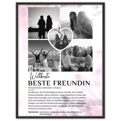 Personalisiertes Poster Definition Beste Freundin 5 Fotos Schwarz Weiß mit Name Pink Rosa Floral