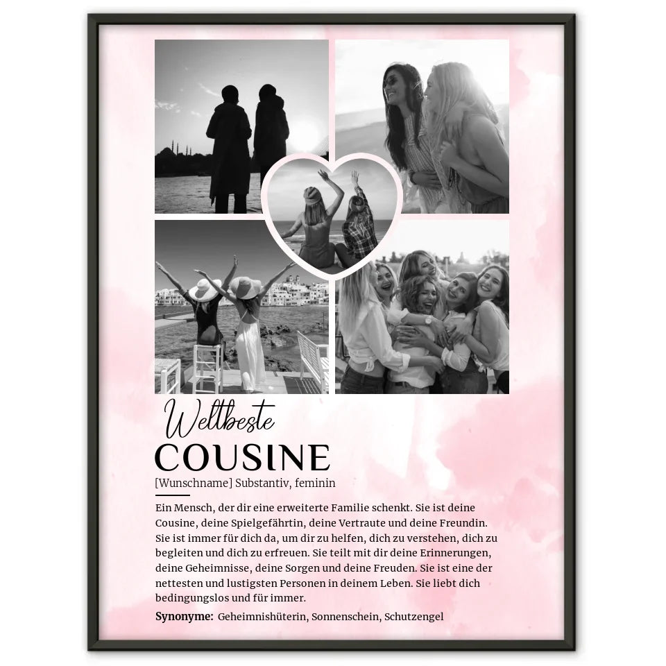 Personalisiertes Poster Definition Cousine 5 Fotos Black & White Rosa Aquarell