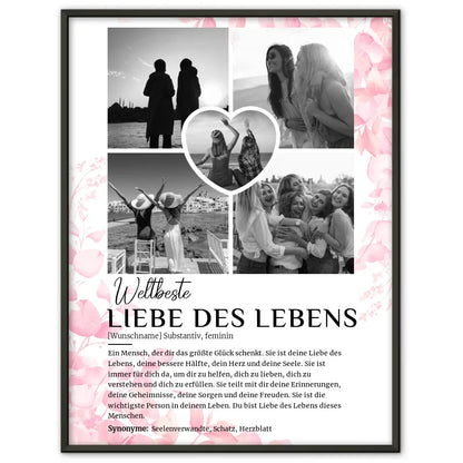 Personalisiertes Poster Definition Liebe des Lebens 5 Fotos Black & White