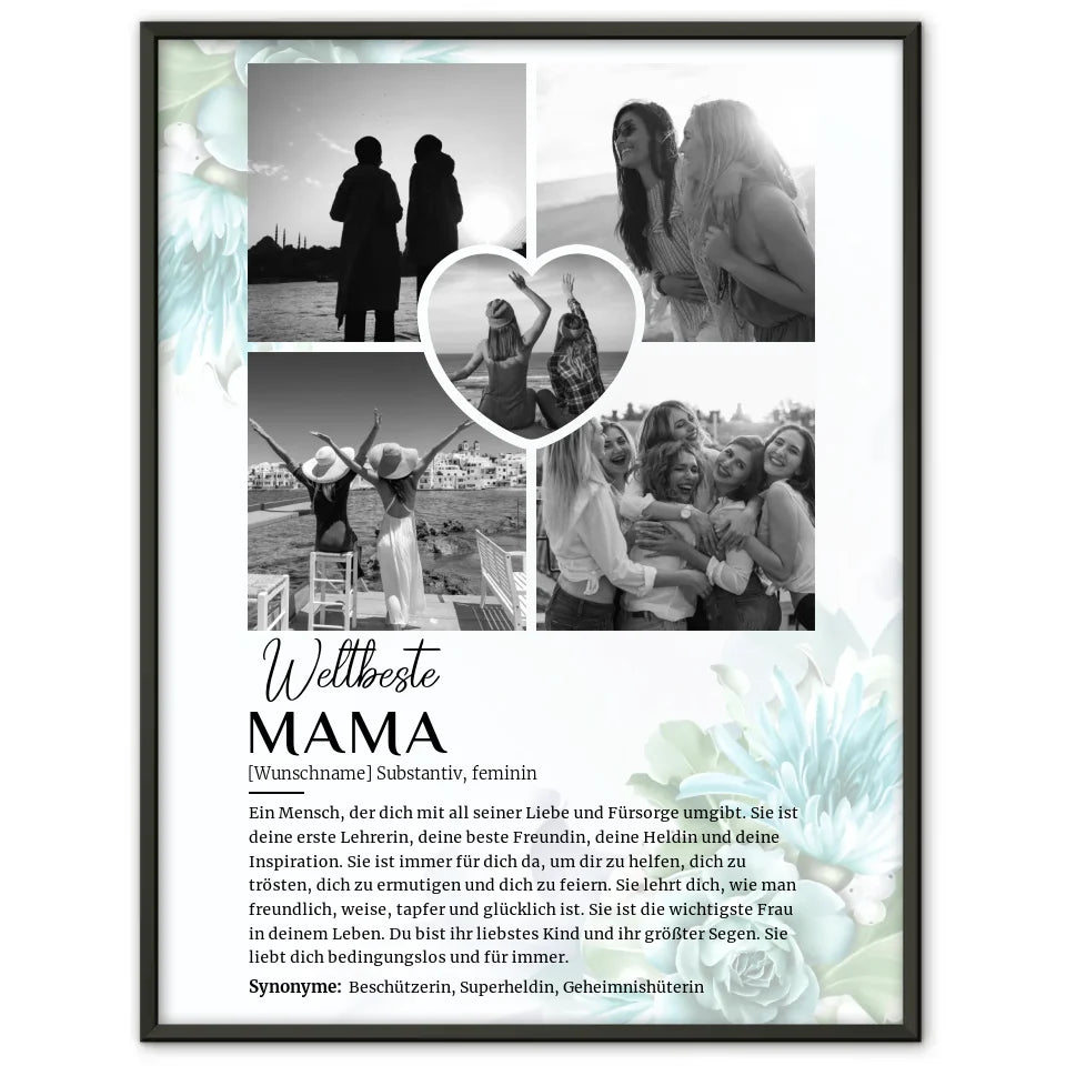 Personalisiertes Poster Definition Mama 5 Fotos Schwarz Weiß Floral Blau