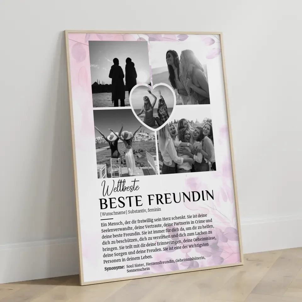 Personalisiertes Poster Definition Beste Freundin 5 Fotos Schwarz Weiß mit Name Pink Rosa Floral