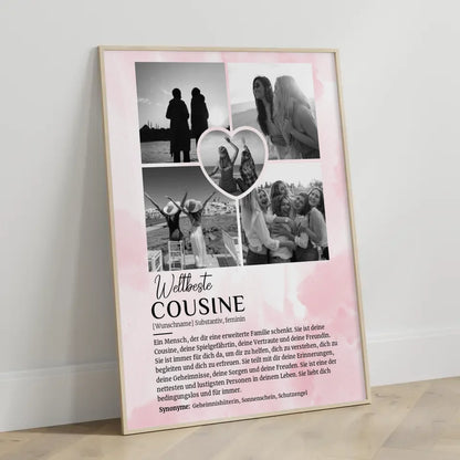 Personalisiertes Poster Definition Cousine 5 Fotos Black & White Rosa Aquarell