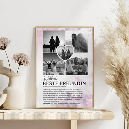 Personalisiertes Poster Definition Beste Freundin 5 Fotos Schwarz Weiß mit Name Pink Rosa Floral